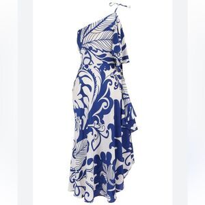NWT La DoubleJ Cassandra One-Shoulder Silk Crepe Dress in Blue/White, Size S